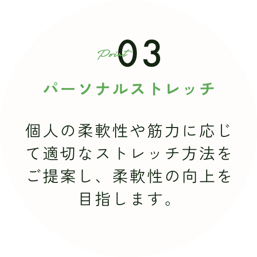 パーソナルストレッチ
個人の柔軟性や筋力に応じて適切なストレッチ方法をご提案し、柔軟性の向上を目指します。